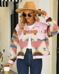 Aztec Lapel Long Sleeve Retro Western Denim Jacket