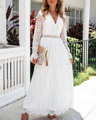 Boho Floral Lace V Neck Long Evening Dress Cocktail Party Maxi Wedding Dresses