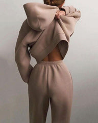 Casual Solid Color Long Sleeve Hooded Sports Suit Hoodie Sweatshirt Two Piece Set