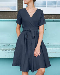 Short Sleeved With Belted Dress Holiday Dresses
