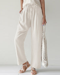 High Waist Trousers Solid Color Palazzo Pant Beach Casual Boho Drawstring Bottoms