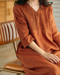 Loose Stitching Solid Color V-neck Half-sleeved Mid-length Dress