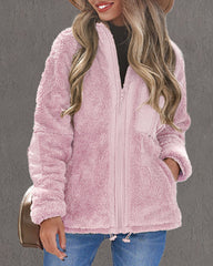 Zip-up Pocket Lapel Double-Sided Plush Fuzzy Coat