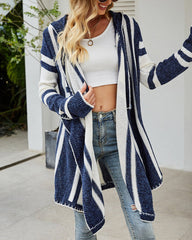 Striped Color Contrast Hooded Knitted Cardigan Irregular Long-sleeved Sweater Jacket