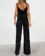 Casual Two Piece Set Black Velvet Strapless Top and Pants Set