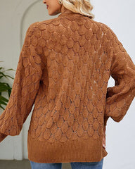 Solid Color Hollowed Out Knitted Cardigan Loose V-Neck Long Sleeved Cardigan Top