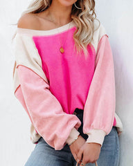 Colorblock Bishop Sleeve Sweatshirt Plush Stitching Jumper Crop Top