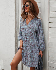 Loose V-neck Bubble Sleeve Leopard Print Dress