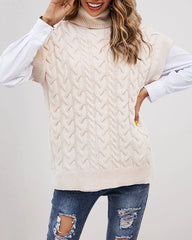 Turtleneck Sleeveless Cable Knitted Tank Tops Casual Loose Solid Sweater