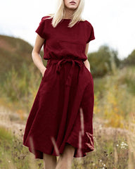Solid Color A-Line Short Sleeve Crew Neck Dress With Belt