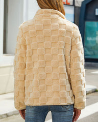 Long-sleeved Zippered Cardigan Loose Solid Color Checkered Plush Jacket