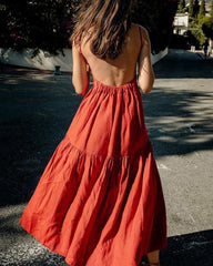 Tiered Low Back Sundress Solid Strap Big Swing Backless Maxi Dress
