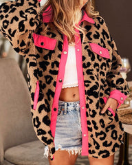 Polar Fleece Furry Coat Leopard Dot Pocket Dalmatian Spot Snap Button Plush Shaggy Jacket