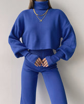 Women's Knitted Two Pieces Sets Turtleneck Cropped Sweater with High-waisted Flared Pants