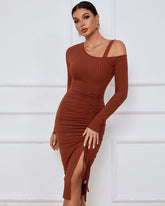 Sexy Drawstring Slit Off Shoulder Long Sleeve Dress