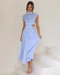 Stand Collar Solid Color Hollow Waist Long Dress