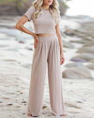 Two Piece Outfit Short Sleeve Crop Top and Wide Leg Pant Set