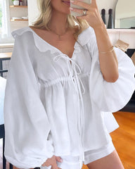 White Two-Piece Lantern Sleeve V-Neck Top and Shorts Set