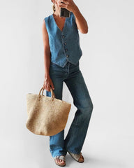Sleeveless Denim Vest V Neck Button Down Waistcoat Jacket