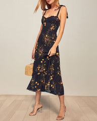 Vintage Floral Dress Frill Neck Sleeveless Strap Tie Ruffle Hem Beach Dress