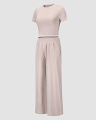 Two Piece Outfit Short Sleeve Crop Top and Wide Leg Pant Set