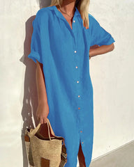 Turn-Down Collar Short Sleeve Single Breasted Loose Shirt Dress Solid Color Summer Beach Dresses