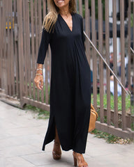 Solid Color Long Sleeve V-Neck Comfy Dresses