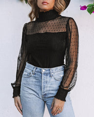 Turtle Mock Neck Polka Dot Sheer Mesh Long Sleeve Bodysuits Slim Body Suits Leotard Tops Jumpsuit