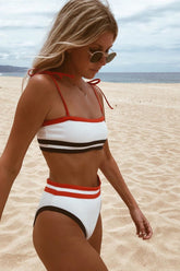 Red Black Striped High Waisted Ribbed Bikini Bottom