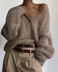 Fuzzy V Neck Loose Cardigan Sweater