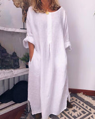 Long Sleeve Solid Color Plus Size Loose Fit Maxi Cotton Linen Dress Round Neck Button Up Dresses with Pocket