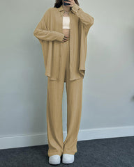 Elegant Solid Color Long-Sleeve Shirt Cardigan & Wide-Leg Pants Casual Set