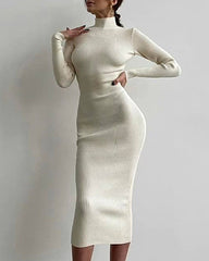 High Collar Short-length Pitted Knitted Dresses Women's Solid Color Knitted Dress