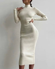 High Collar Mid-length Pitted Knitted Dresses Women's Solid Color Knitted Dress