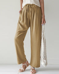 High Waist Trousers Solid Color Palazzo Pant Beach Casual Boho Drawstring Bottoms
