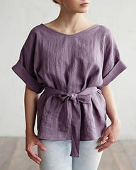 Tie Belt Loose Tunic Blouse Casual Half Sleeve Kimono V-Neck Linen Top