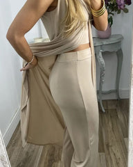 Casual Two-Piece Set: Sleeveless Loose Fit Round Neck Irregular Hem Long Top with Wide-Leg Pants