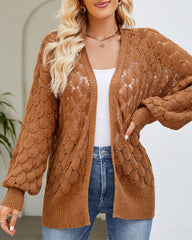 Solid Color Hollowed Out Knitted Cardigan Loose V-Neck Long Sleeved Cardigan Top
