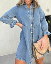 Denim Shirt Dress 3/4 Long Sleeve Button Down Babydoll Jean Shirt Dresses