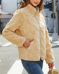 Long-sleeved Zippered Cardigan Loose Solid Color Checkered Plush Jacket