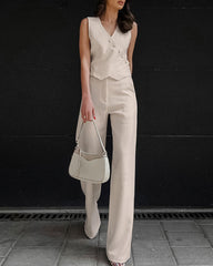 Cotton Linen Vest Wide-leg Pants Two-piece Set Summer Slanted Buckle Design Suit