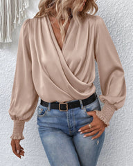 Elegant V-neck Lantern Sleeve Blouse Temperament Solid Color Shirt