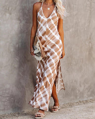 Sling V-neck Slit Print Sexy Mid-waist Maxi Dress
