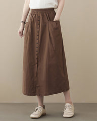 Casual High Waist Flared A-line Skirt Pleated Midi Skirt with Pocket