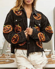 Halloween Pumpkin Sequined Distressed Corduroy Jacket