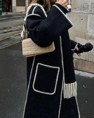 Women's Thickened Loose Woolen Longline Coat With Fringed Scarf