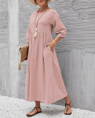 Lantern Sleeve Long Dress Solid Color Loose Crew Neck Mid Waist Dresses with Pockets