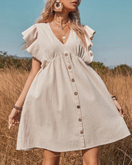 V Neck Loose Spring Summer Ruffle Trimed Button Smock Sleeveless Mini Vest Dress