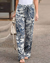 Plus Size Floral Print Tightness Linen Trousers Pocket Casual Pants