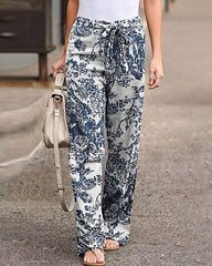Plus Size Floral Print Tightness Linen Trousers Pocket Casual Pants